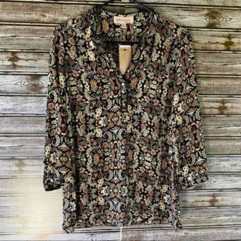 Philosophy Women's Blouse Size S Black Floral Paisley Semi-Sheer V-Neck NWT